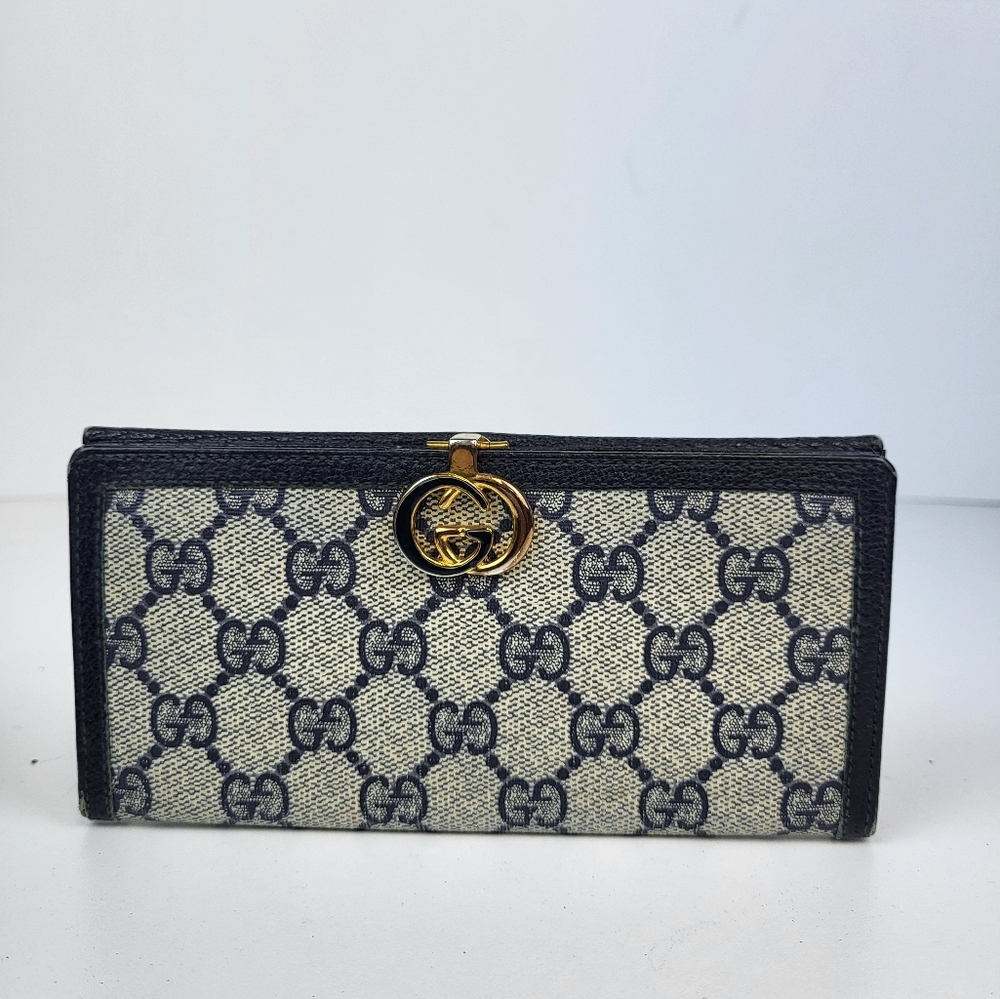 Gucci Blue and Beige Monogram Continental Wallet with Gold Accent - Picture 2 of 7